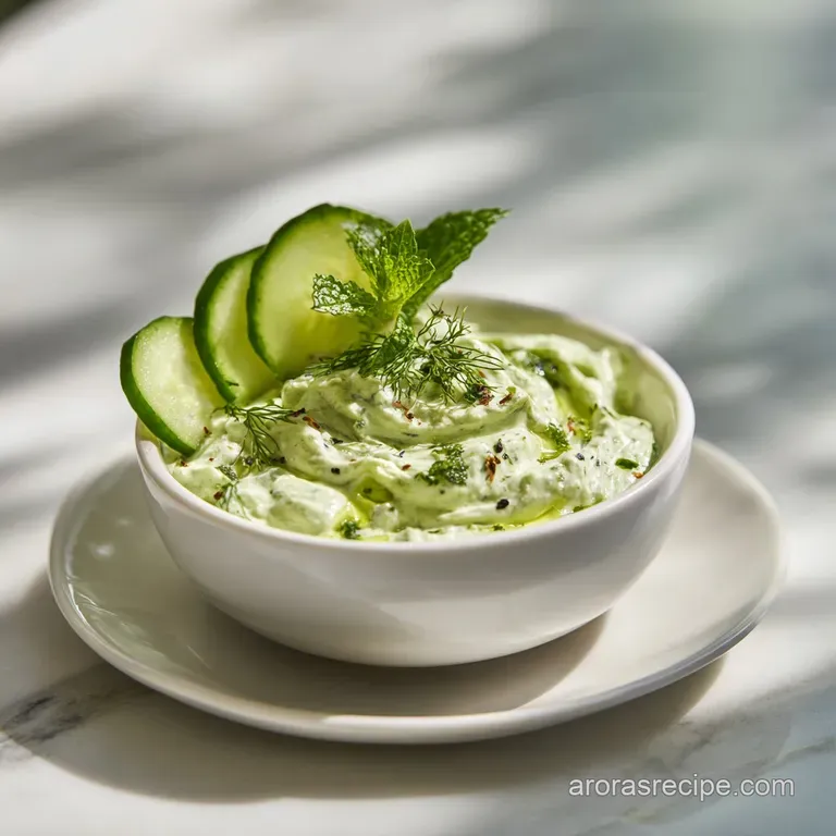 Elegant cucumber dip served in a glass bowl, garnished with dill sprigs, next to arranged crudit&eacute;s on a bright white platter.