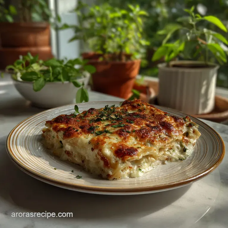 Elegant slice of white lasagna, layers of creamy sauce and pasta, garnished with vibrant green herbs. A refined comfort food.