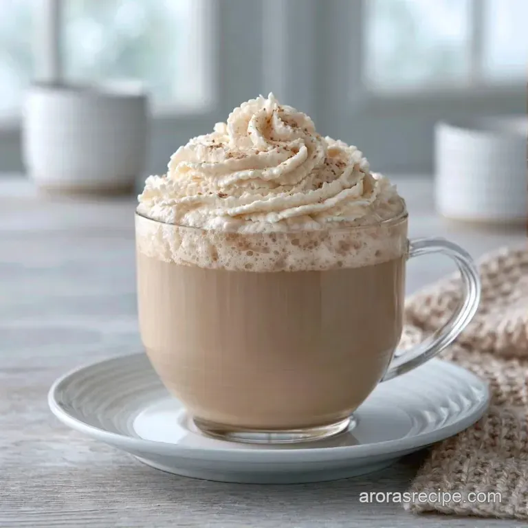 Frothy white coffee in a clear glass cup on a wooden tray beside a small bowl of white chocolate curls and a cinnamon stick.