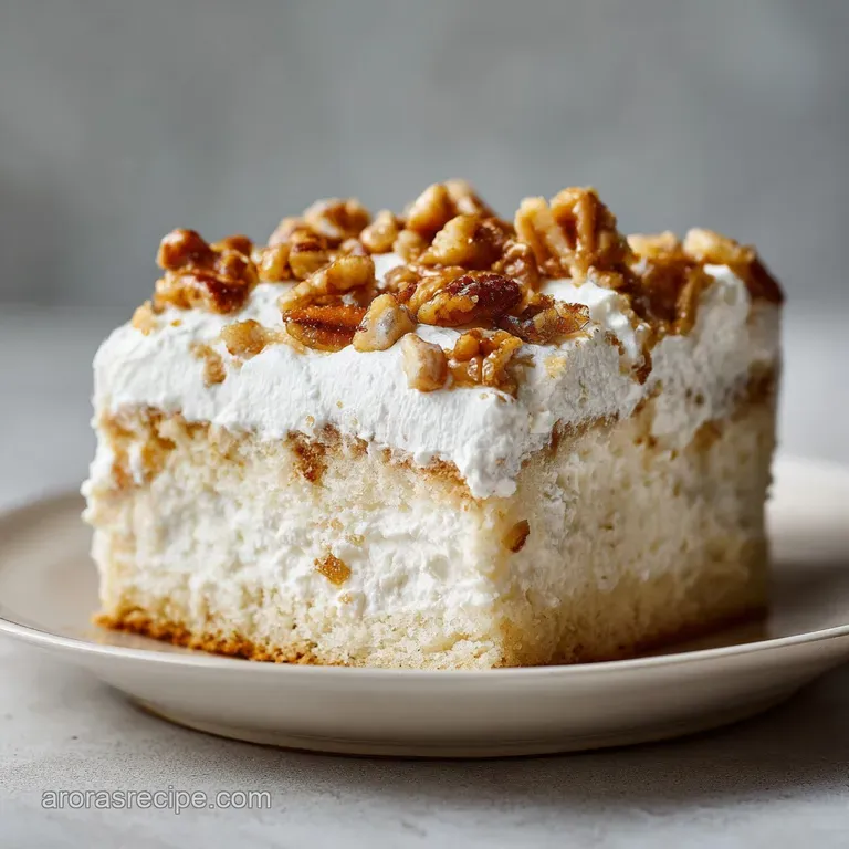 A neat slice of moist ivory cake on a white ceramic plate, topped with creamy frosting and a toasted pecan garnish.