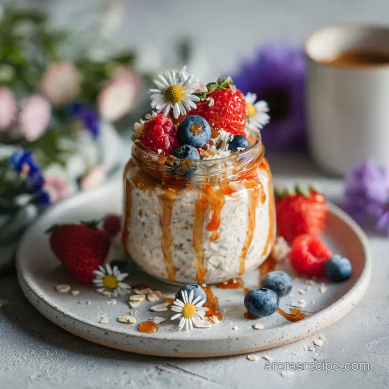 Elegant layered overnight oats parfait in a glass jar. Visible textures of soft oats, bright fruit, and a sprinkle of crun...