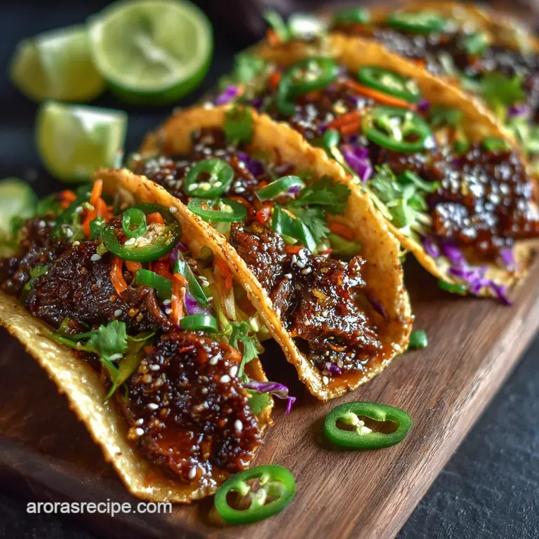 Sticky Glazed Korean Jalbi Beef Tacos with Tangy Kimchi Slaw presentation
